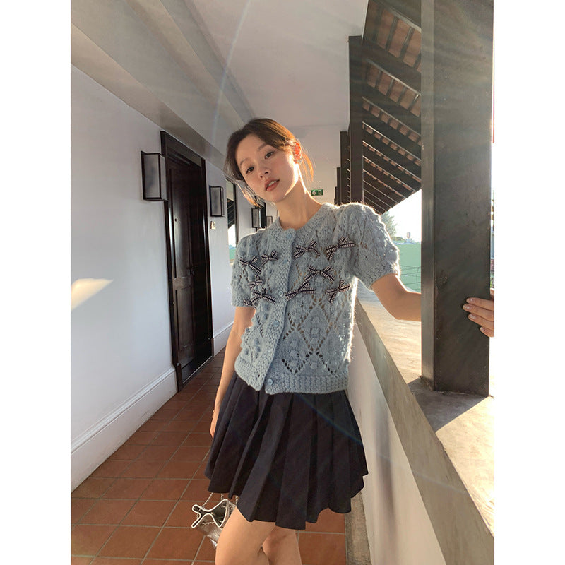Cute sweet bow hollow short-sleeved knitted sweater
