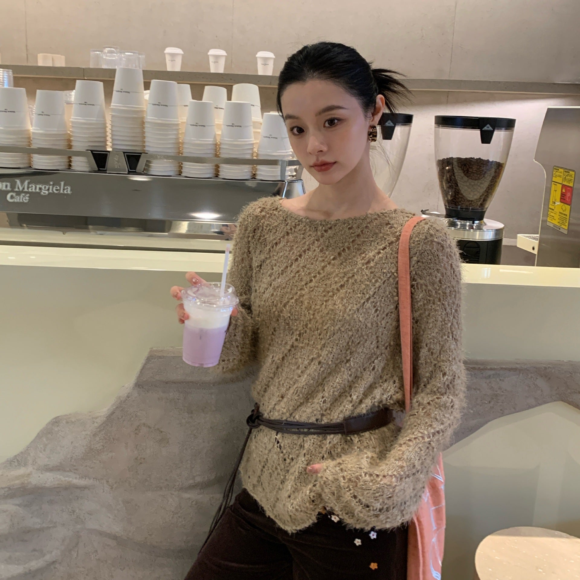 Lazy loose long-sleeved hollow crochet knitted sweater blouse