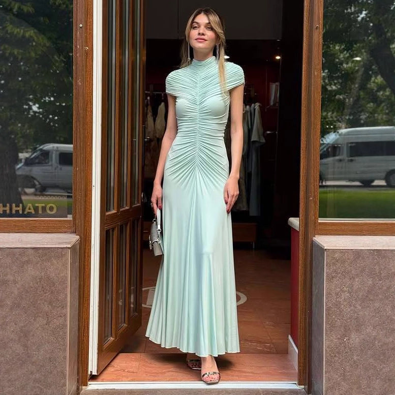 Spring new gauze mesh pleated dress temperament elegant slim hip wrap dress