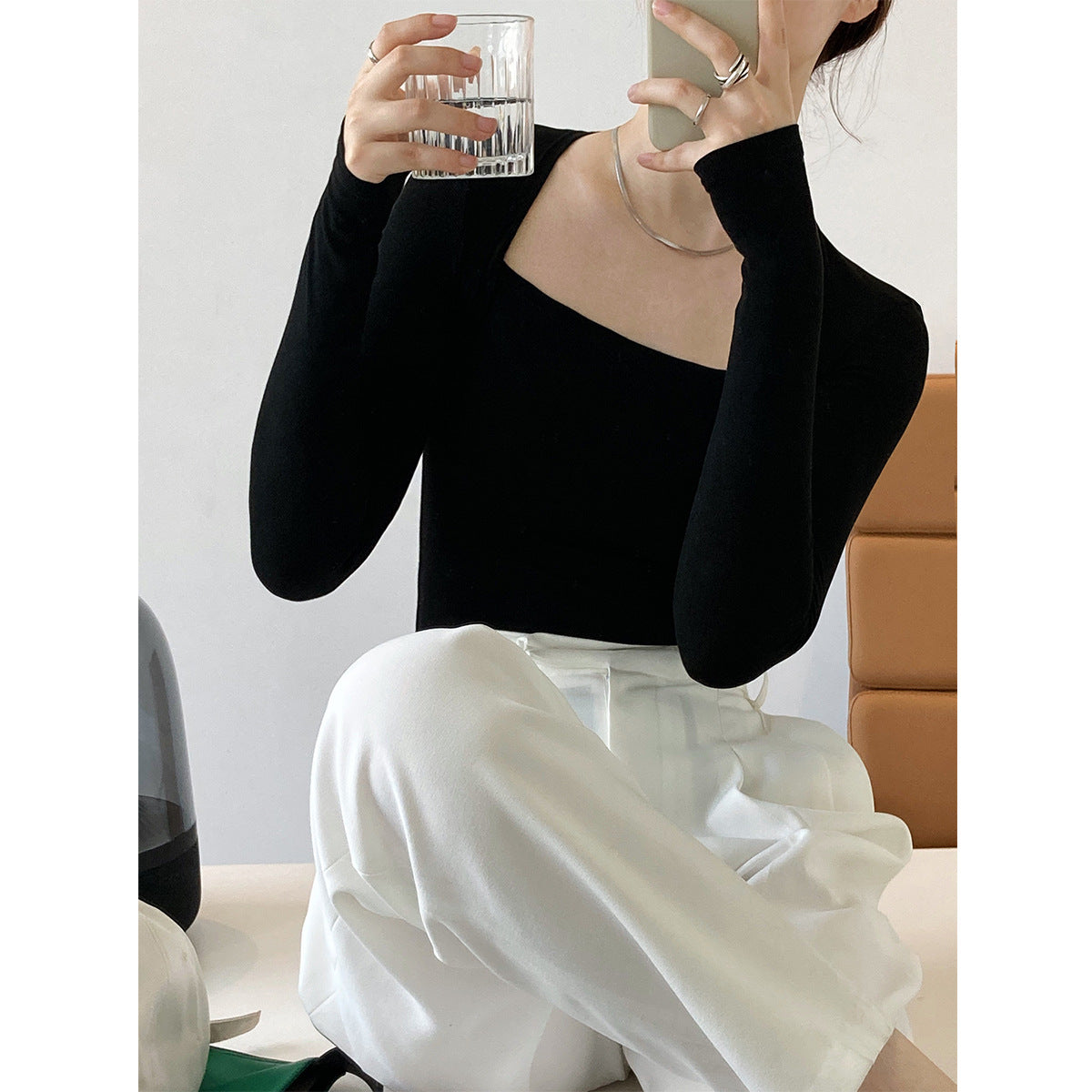 French pure desire long-sleeved square neck t-shirt women's slim and thin fake two-piece top autumn thin bottoming shirt