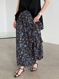 Retro floral skirt women's summer new loose pleated drape high waist a-shaped skirt umbrella skirt