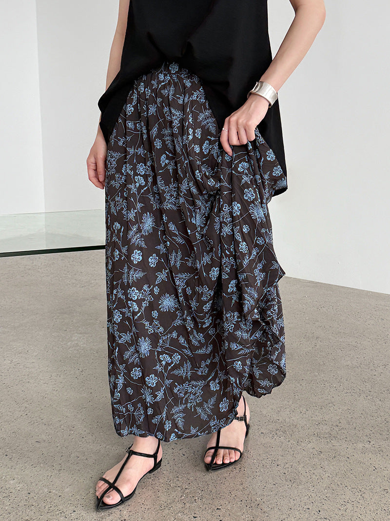 Retro floral skirt women's summer new loose pleated drape high waist a-shaped skirt umbrella skirt