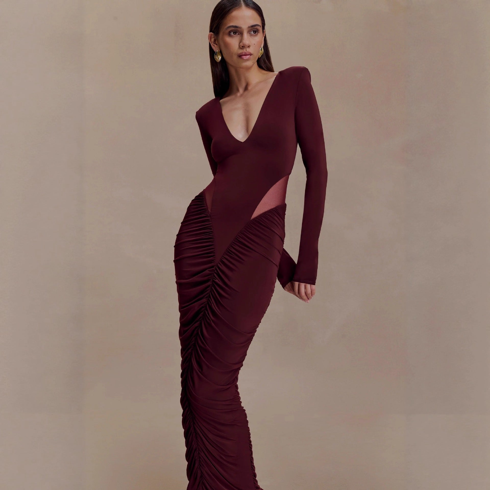 Fashion Sexy Spice Girl Hollow Pleated Long Sleeve Hip Wrap Skirt Slim Pure Desire Dress