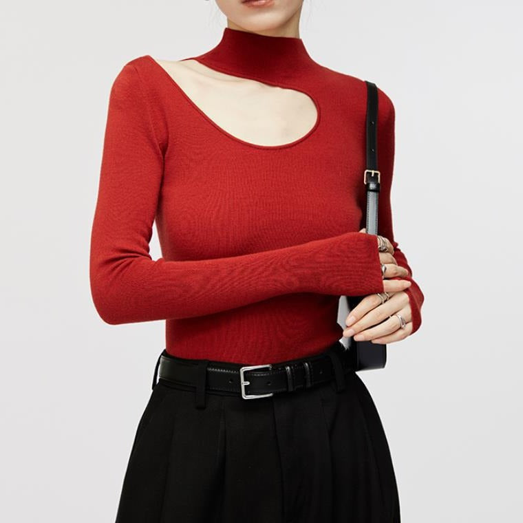 Semi-Turtleneck Long Sleeve Sweater Women Off-Shoulder Hollow Knit Top