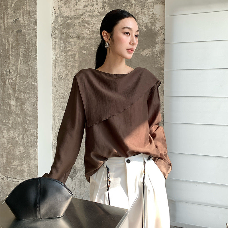 Minimalist spring asymmetrical loose-leaf shape Tencel micro-transparent shirt