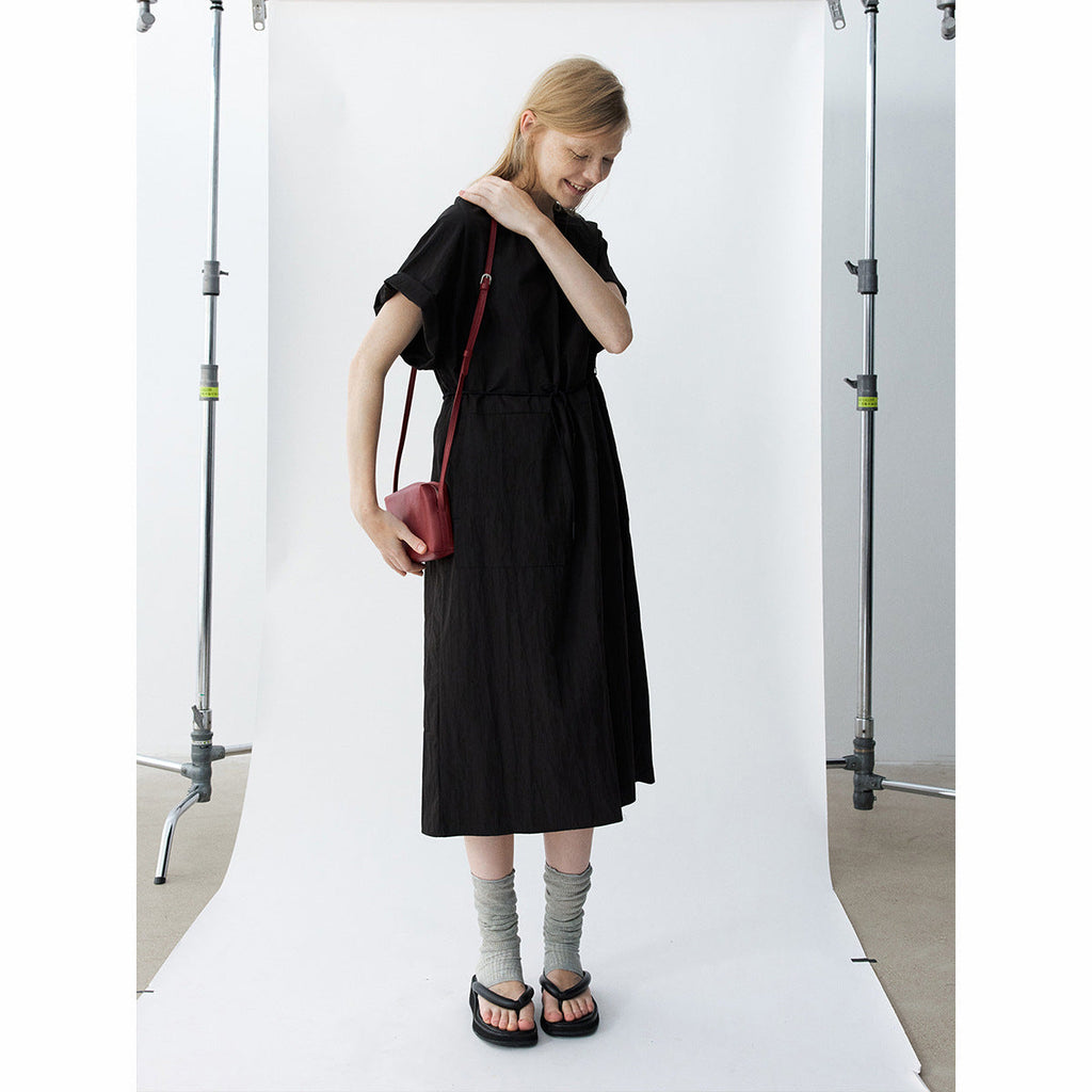 U-neck neck moonlight short-sleeved cotton brocade long lace-up dress