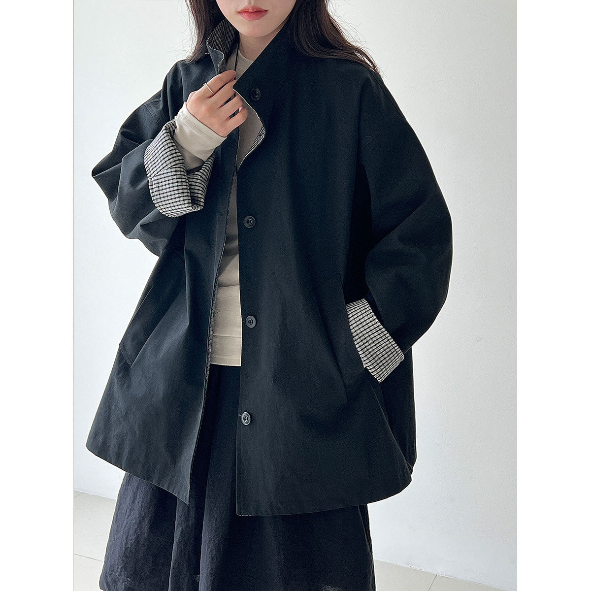 Plaid splicing stand-up collar British style medium and long trench coat women's autumn new silhouette loose coat