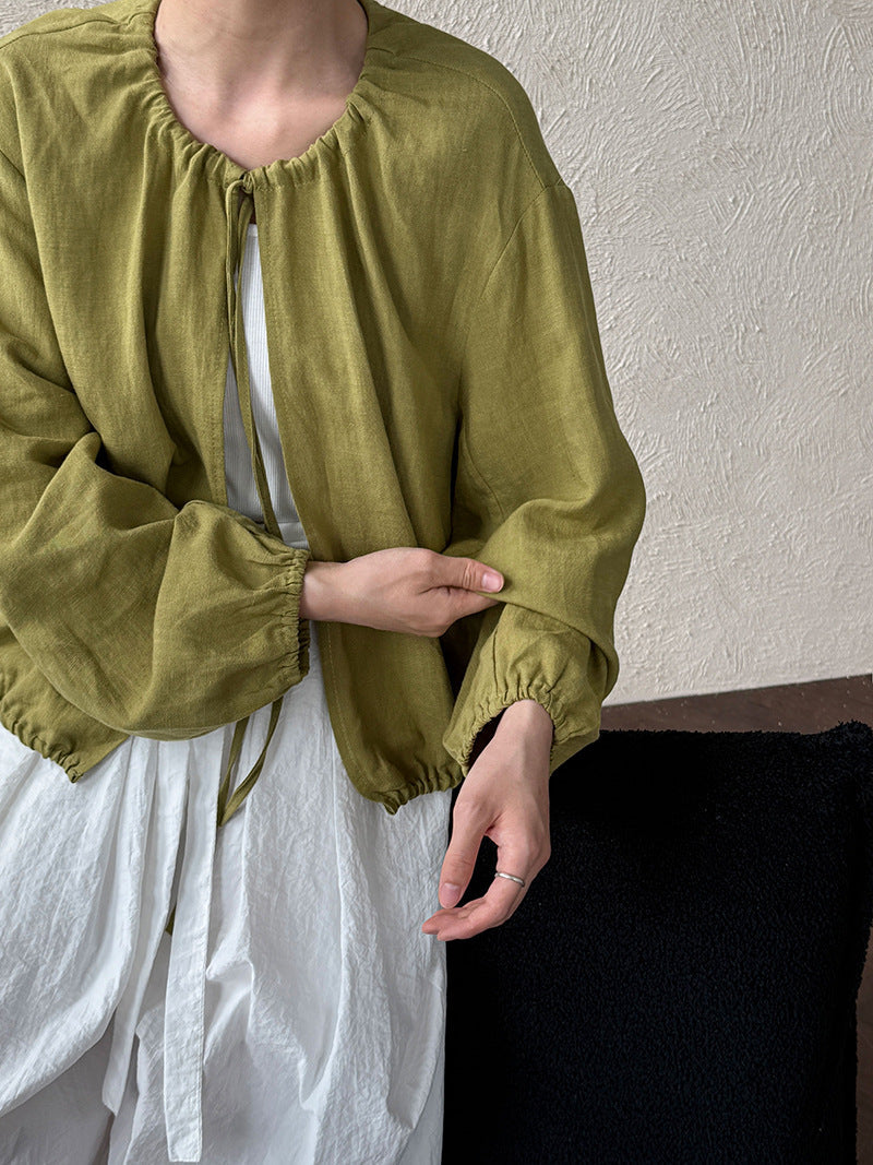 Crew neck strap linen shirt women's Korean simple summer new waist sunscreen jacket shirt