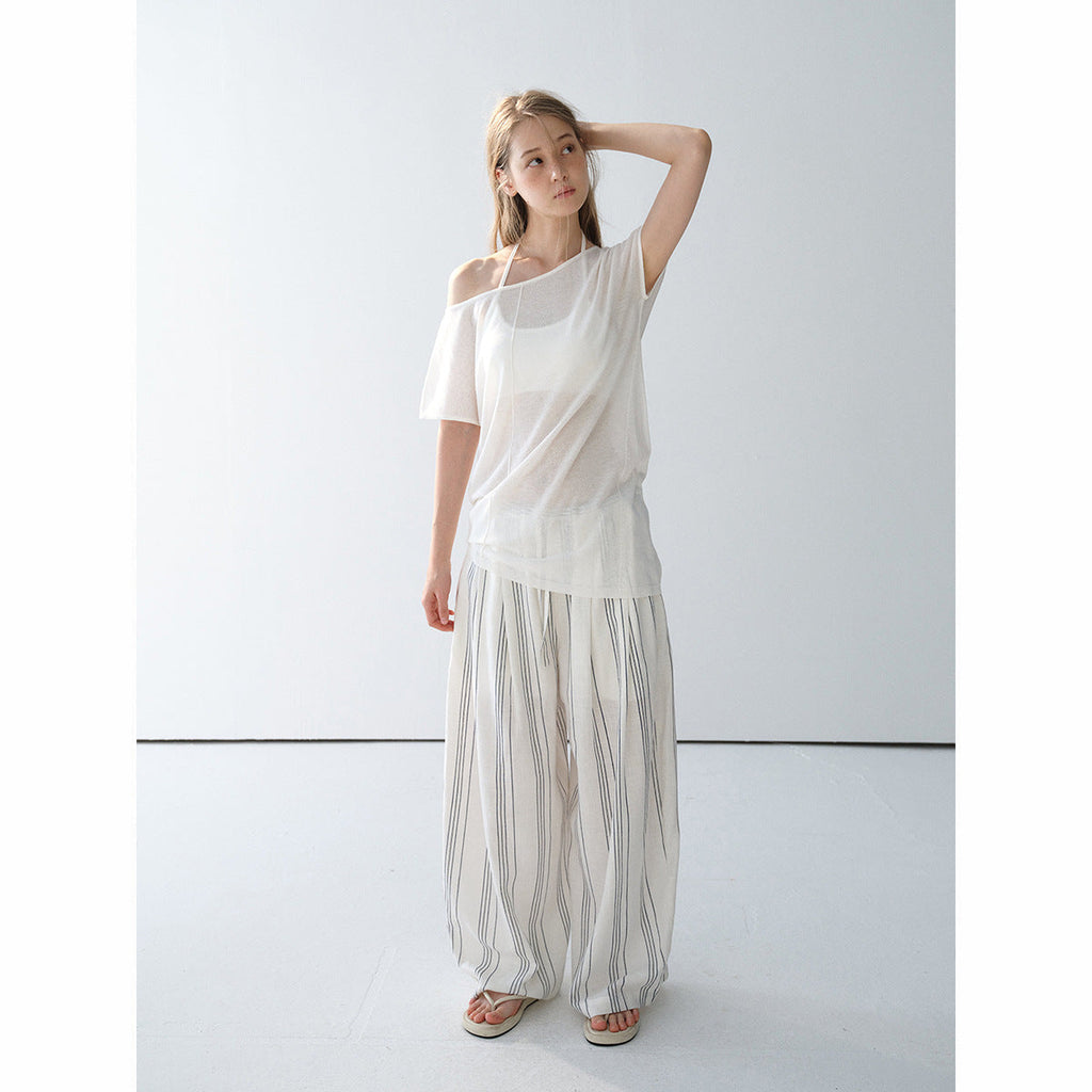 Summer new casual super cool hemp boat collar shoulder Tencel light knitted bottoming shirt