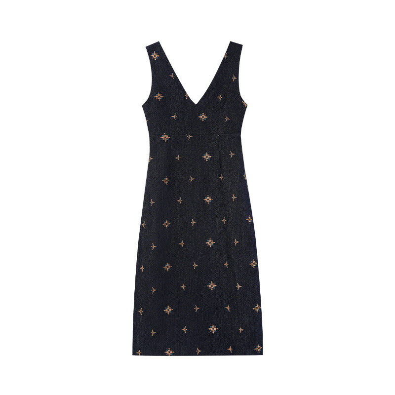 Embroidered slim waist sleeveless vest dress