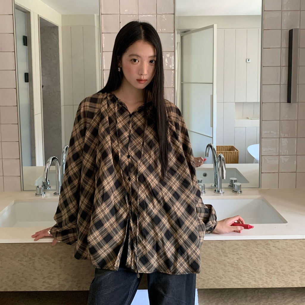 Loose Lace-Up Crew Neck Single-Breasted Long-Sleeve Checked Shirt