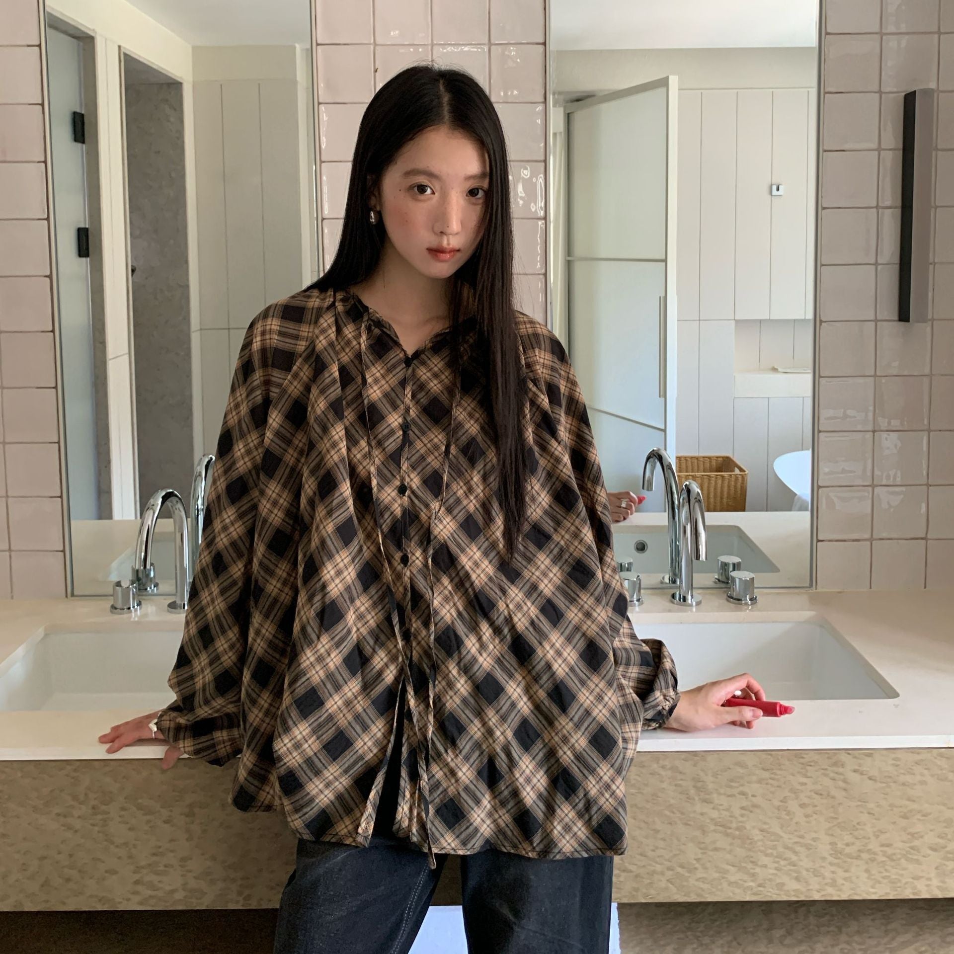 Loose Lace-Up Crew Neck Single-Breasted Long-Sleeve Checked Shirt
