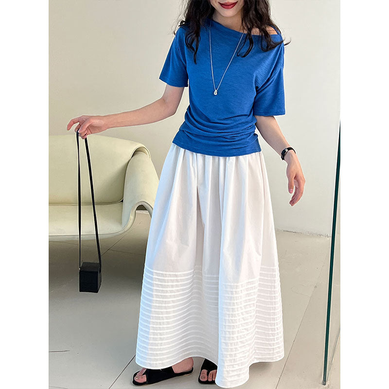 Korean high-end sense one-word shoulder exposed collarbone short-sleeved summer new with belt and thin T-shirt