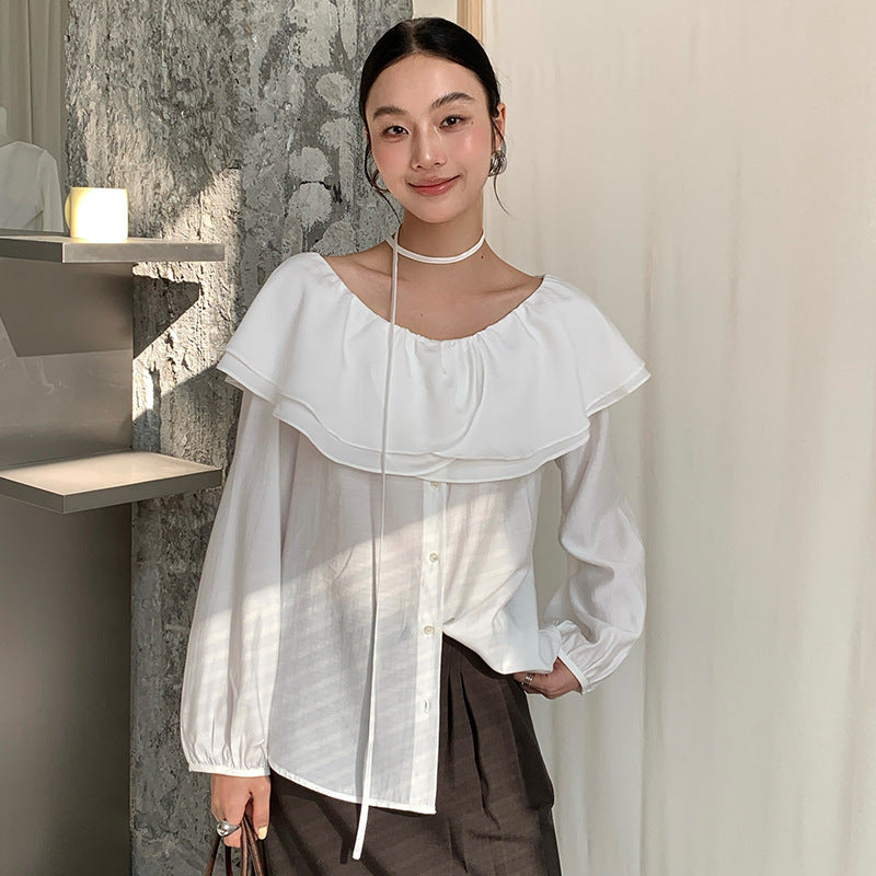 Gentle wind shoulder shirt spring haze blue lotus leaf edge covering meat and thin top