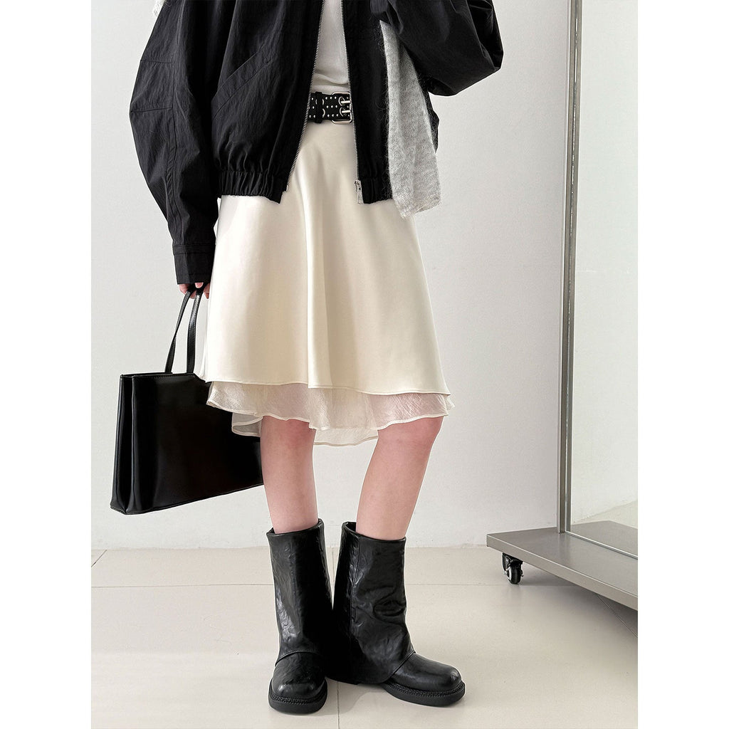 Korean gentle wind splicing skirt women's early spring versatile silky slippery lotus leaf edge a-word skirt