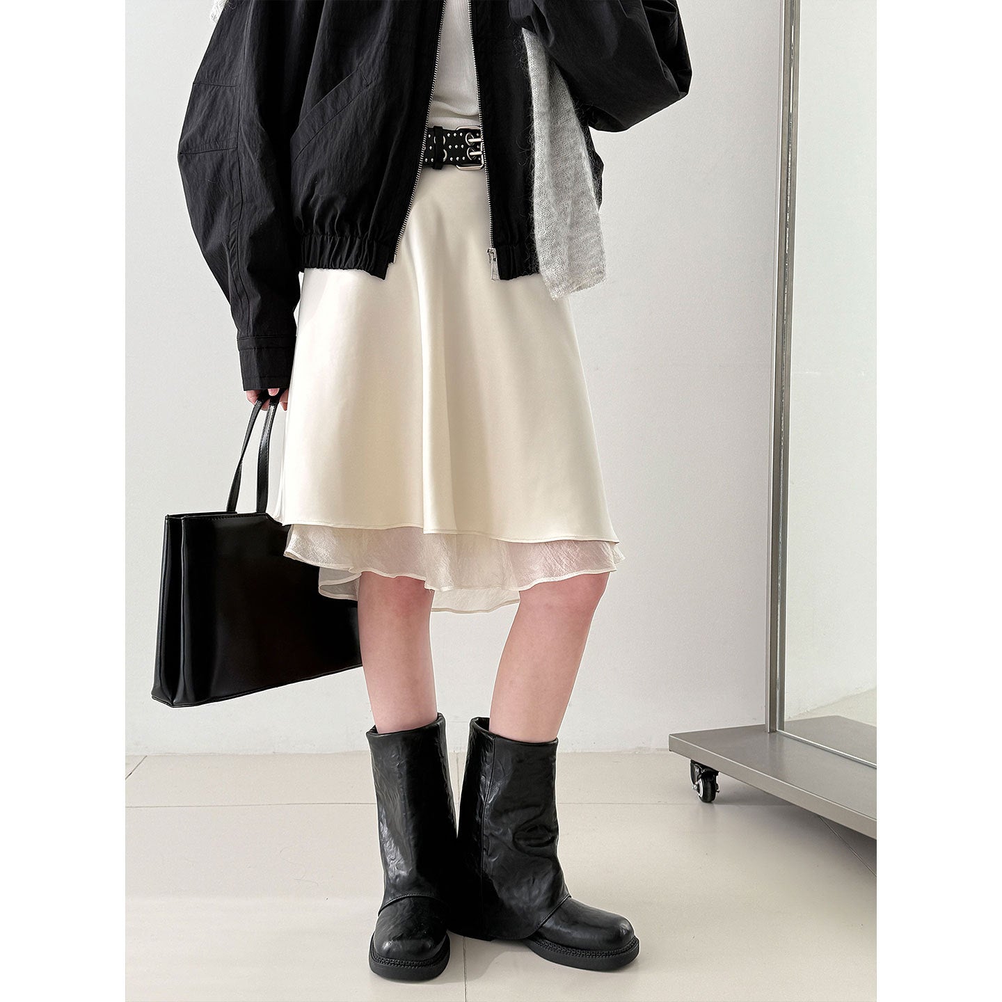 Korean gentle wind splicing skirt women's early spring versatile silky slippery lotus leaf edge a-word skirt