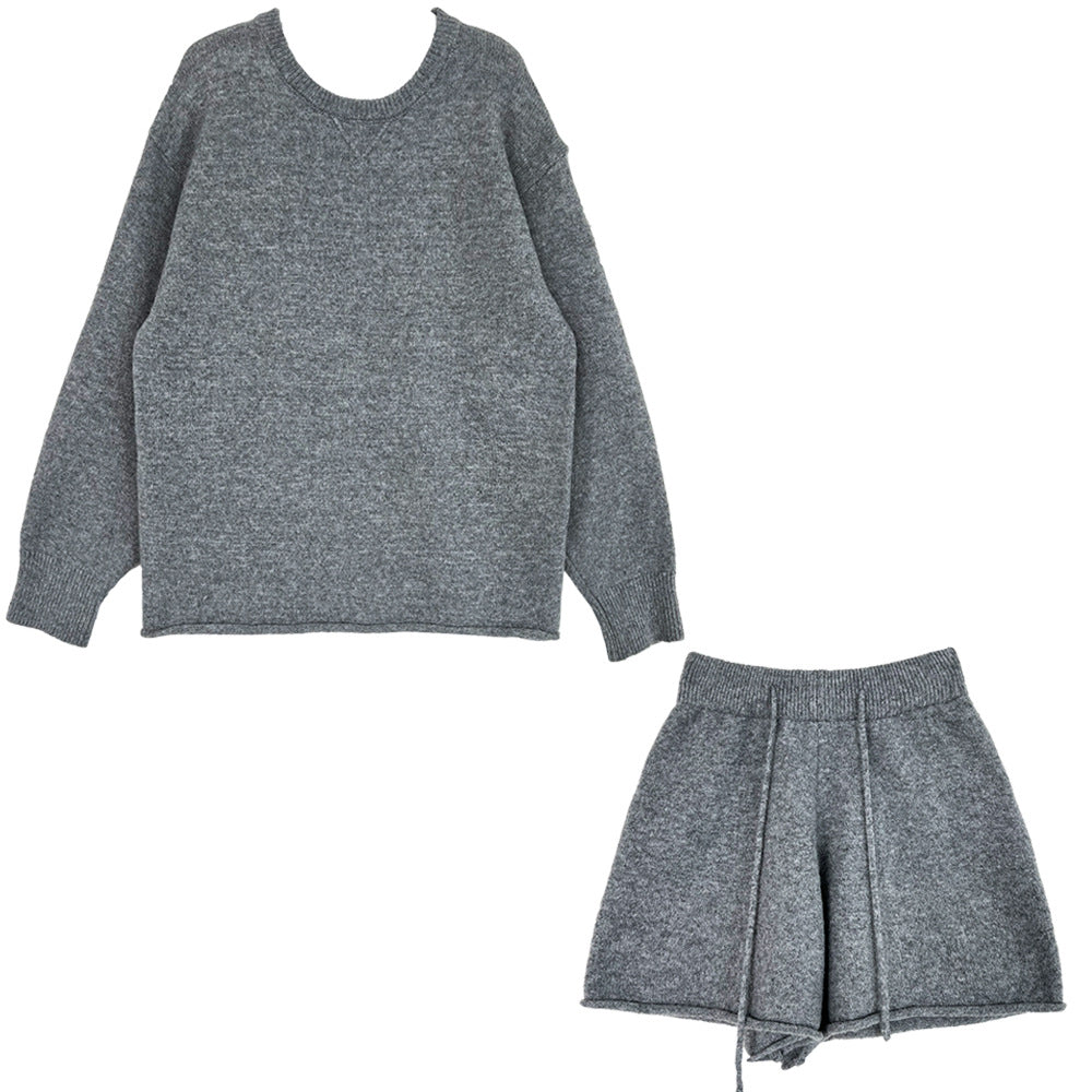 Korean soft waxy wool knitted top + shorts two-piece set
