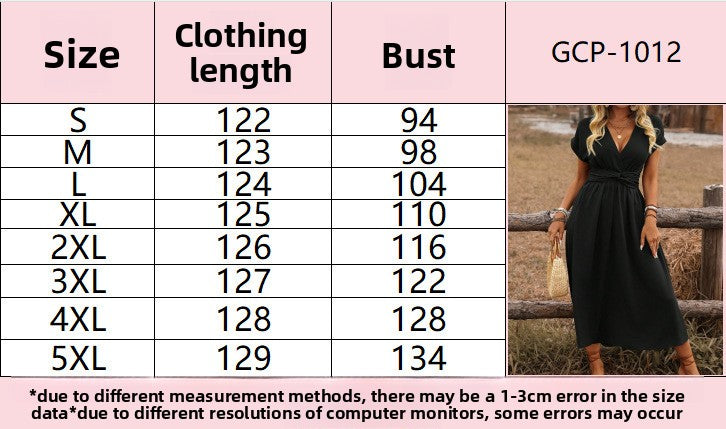 Women's Summer Solid Color Waist V-Neck Bat Sleeve Waist Folds Long Elegant Dress
