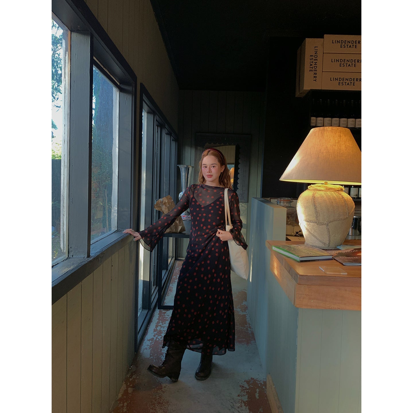 Early Spring Vacation Retro Waist Long Sleeve Polka Dot Mesh Double Layer Dress