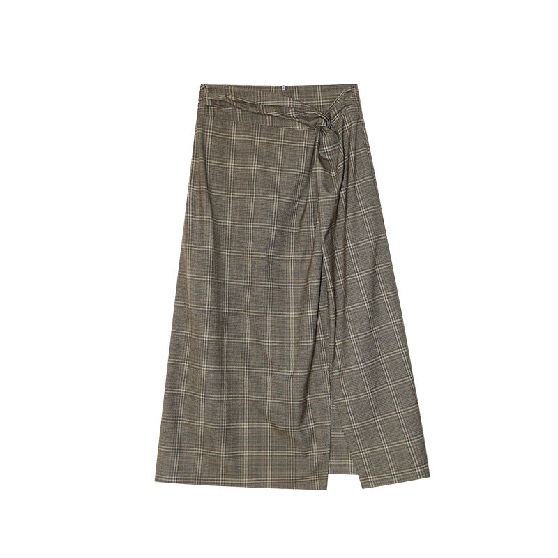 Early spring old money retro temperament long side split plaid skirt