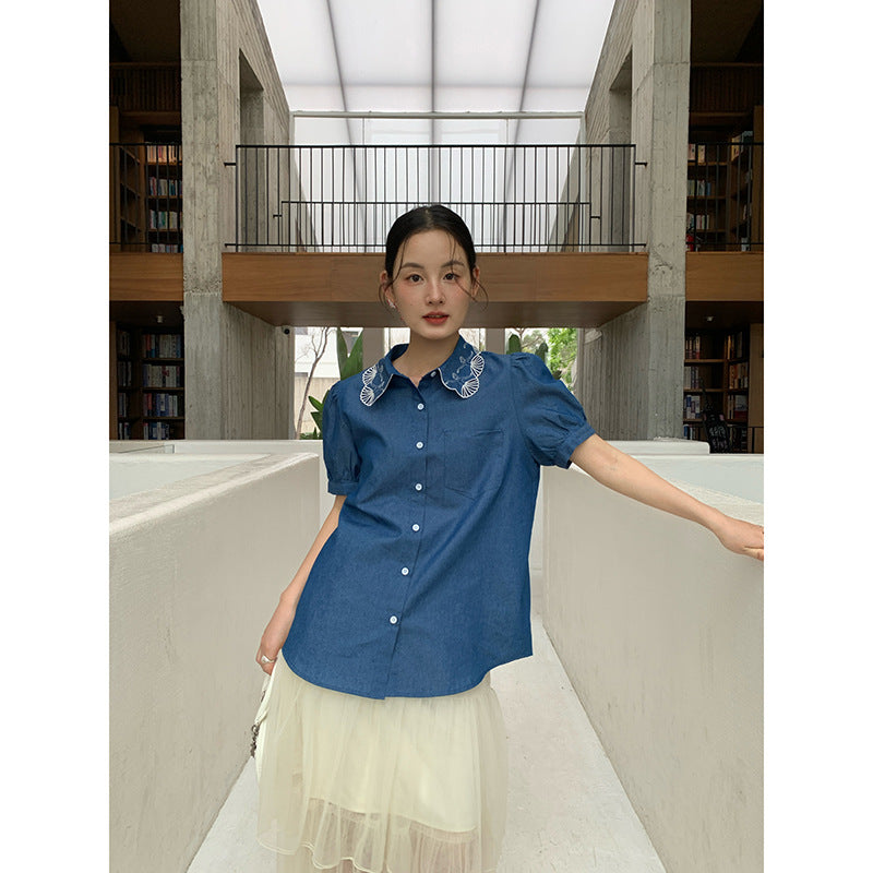 Lace Doll Collar Denim Shirt