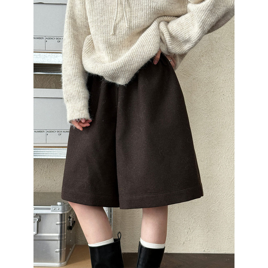 Minimalistautum woolen wide-leg shorts for women cover the cross slimming lookhalf length pants loose feeling boot pants