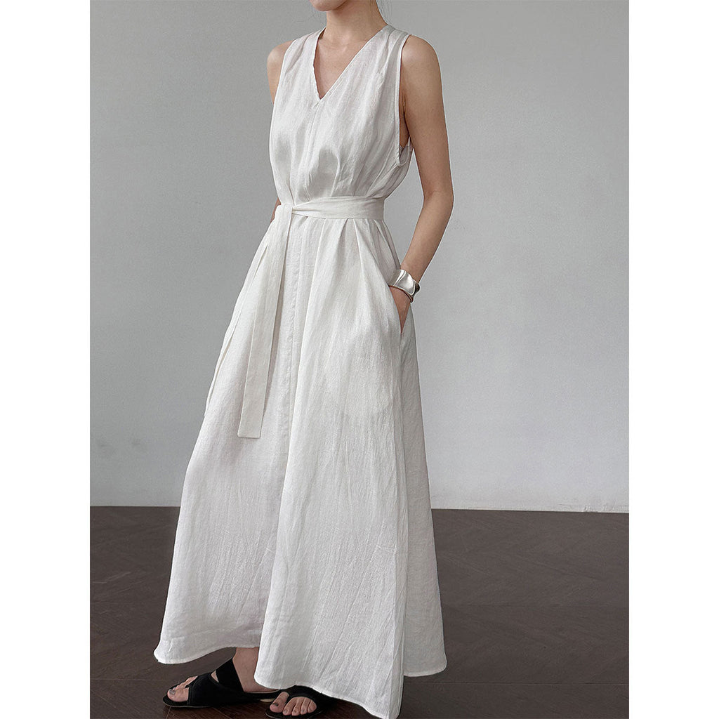 Korean chic niche design v-neck tank dress - new summer collection - 100% ramie waist-cinching dress
