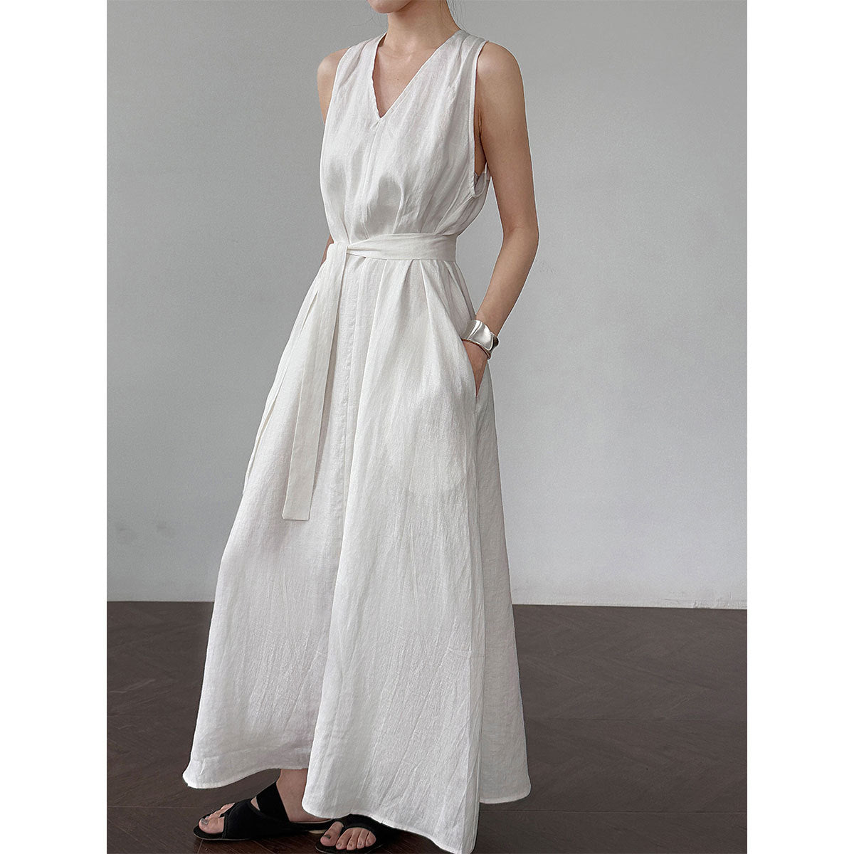 Korean chic niche design v-neck tank dress - new summer collection - 100% ramie waist-cinching dress
