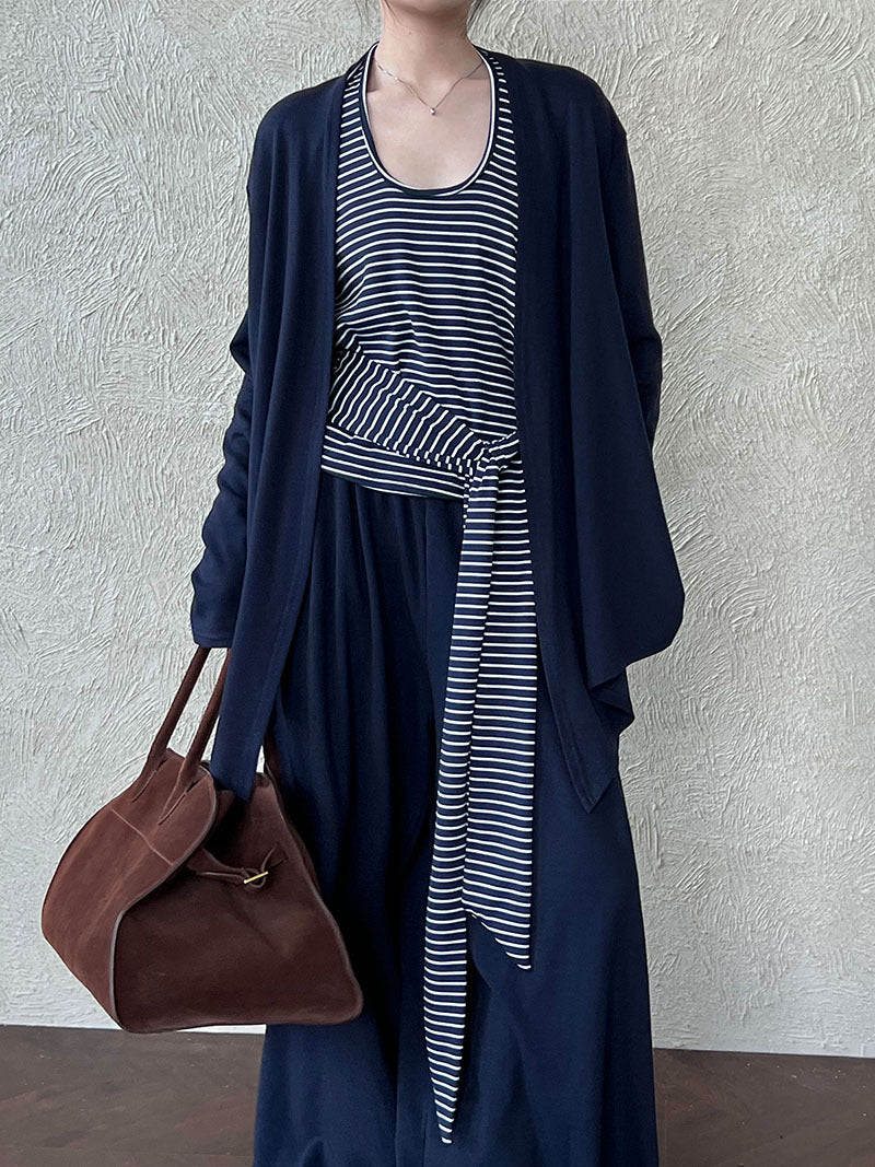 Striped neck vest + shawl cardigan + drape wide-leg pants women's 25 autumn new three-piece set