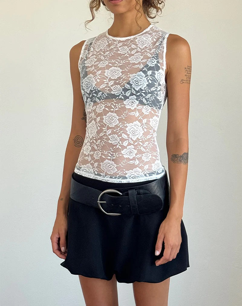 Skinny High Elastic Size Rose Perspective Lace Top Crew Neck Sexy Vest Breathable Blouse Pure Desire