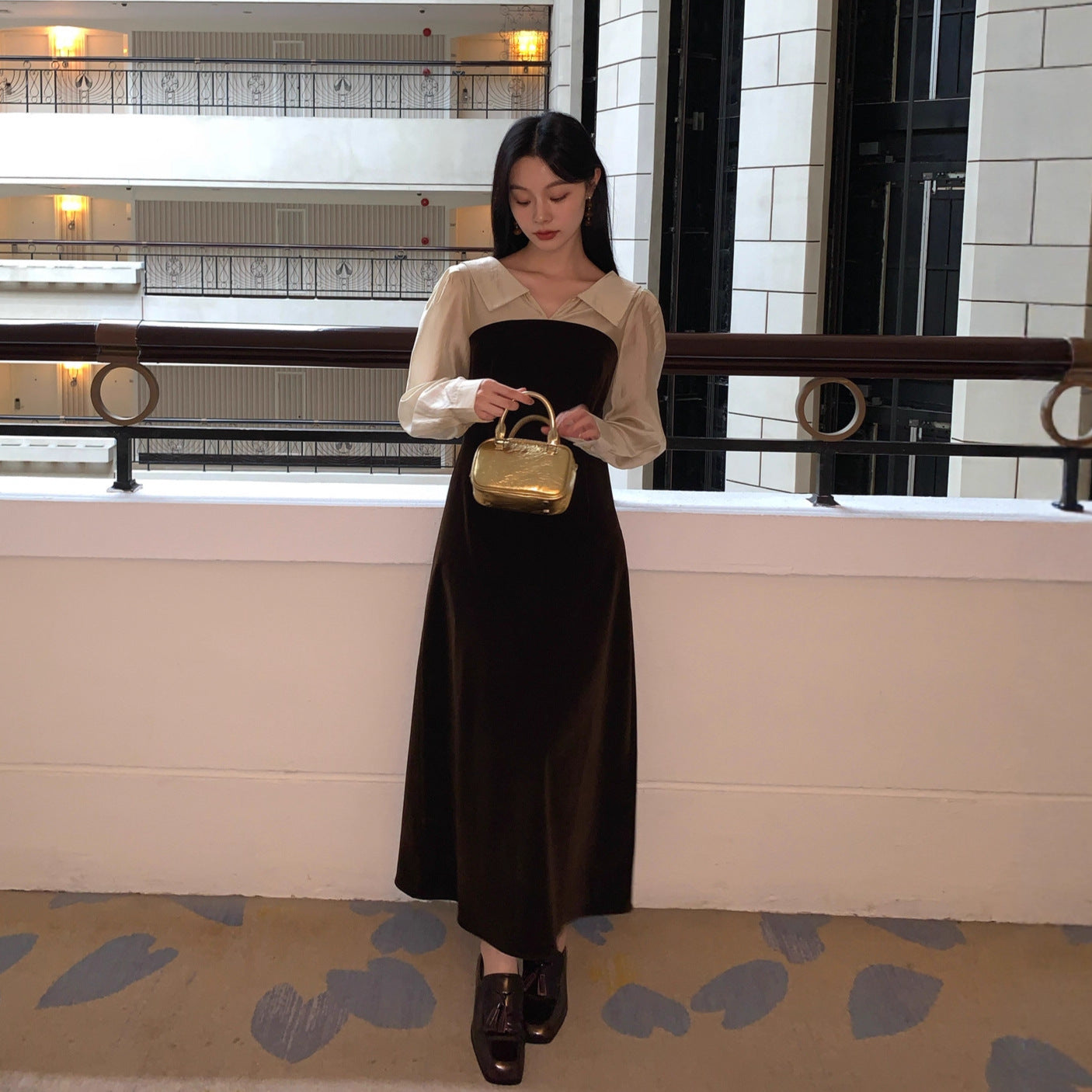 Commuter fake two-piece lapel long-sleeved velvet dress