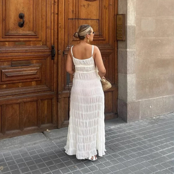 Strap pleated lace resort dress
