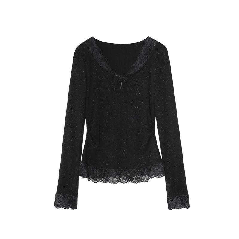 Lace stitching v-neck long-sleeved beautiful bottoming shirt