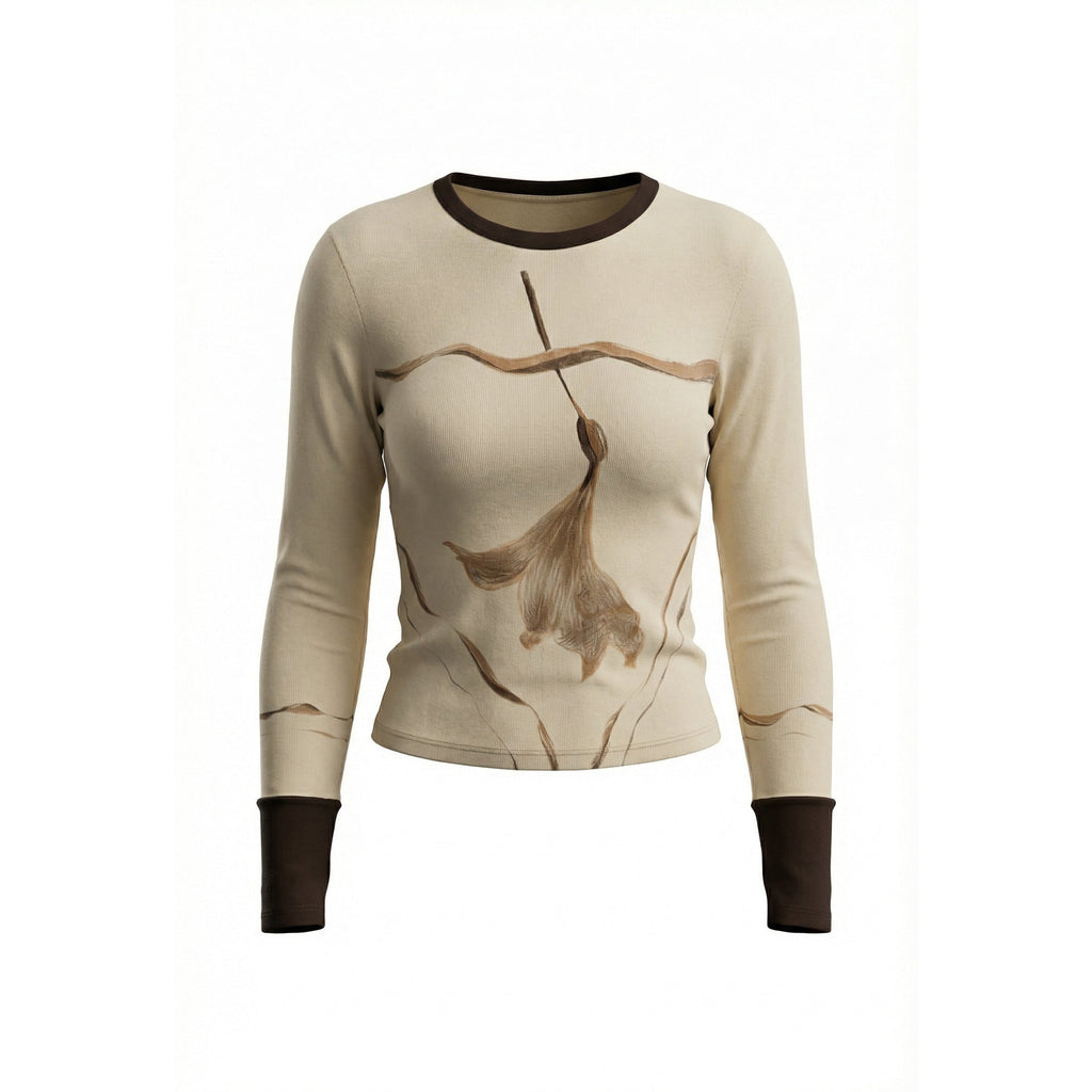 Splicing contrasting color flower print long-sleeved T-shirt niche design inner top