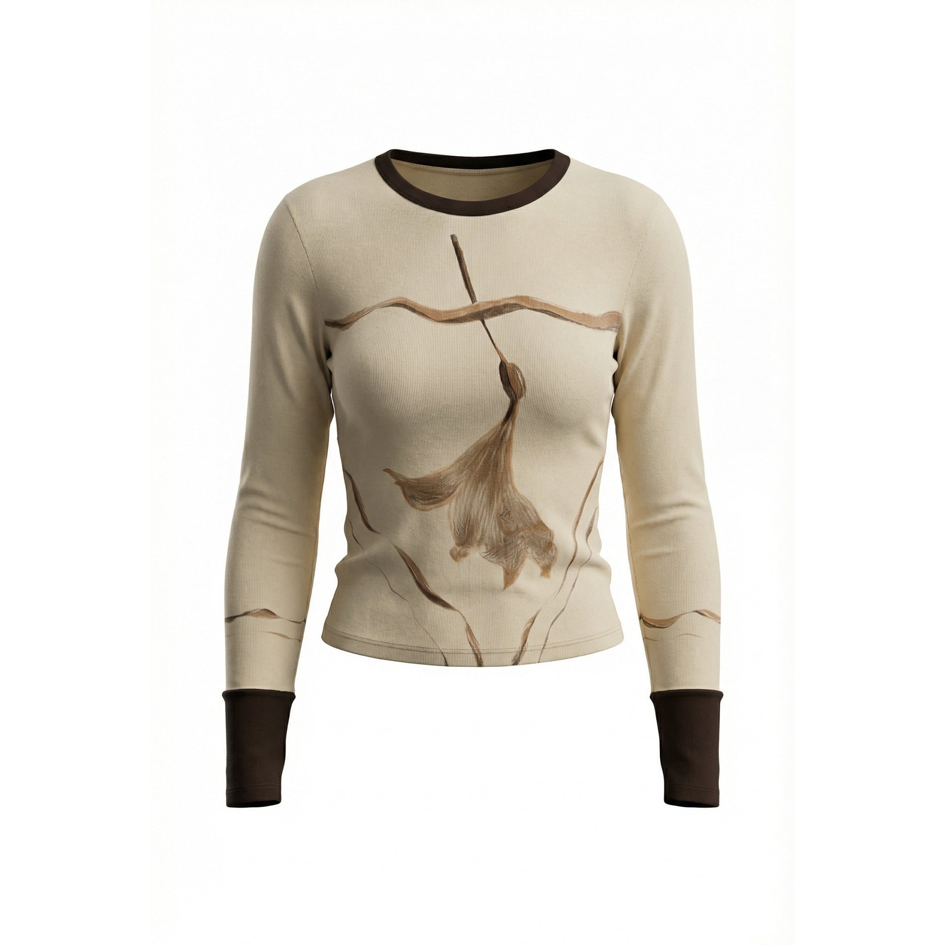 Splicing contrasting color flower print long-sleeved T-shirt niche design inner top