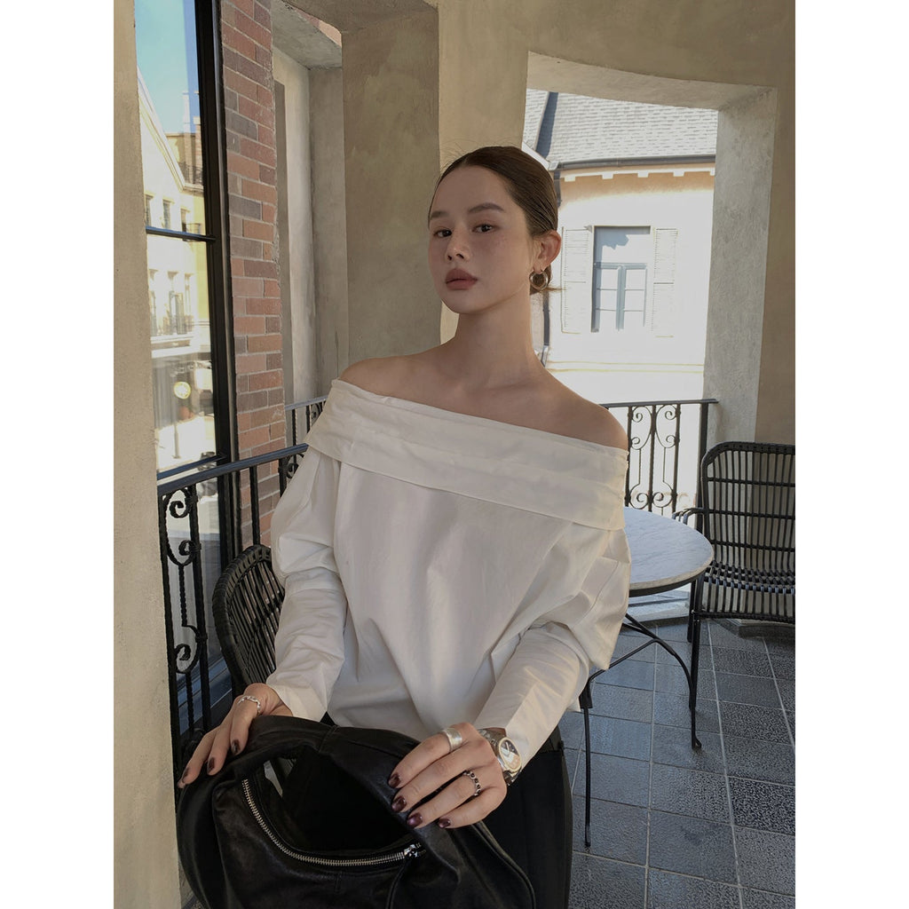 Simple long-sleeved one-word collar temperament off-the-shoulder shirt