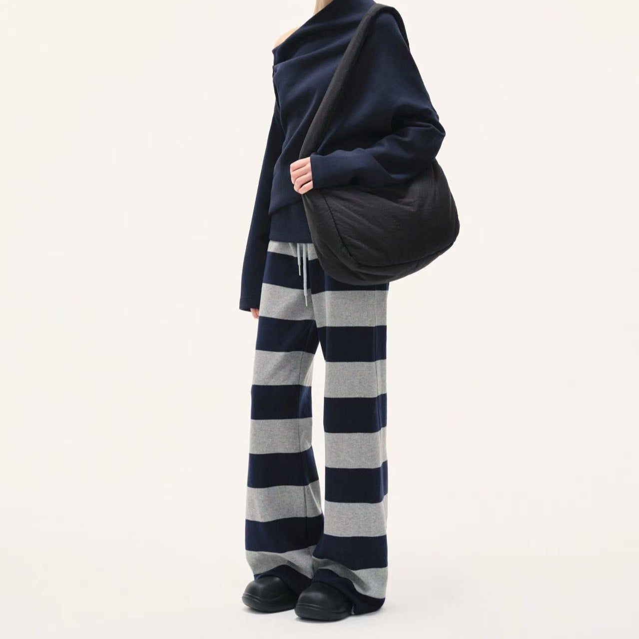 Design Sense Double Waist Wide Striped Skin Sense Modal Casual Drawstring Pants