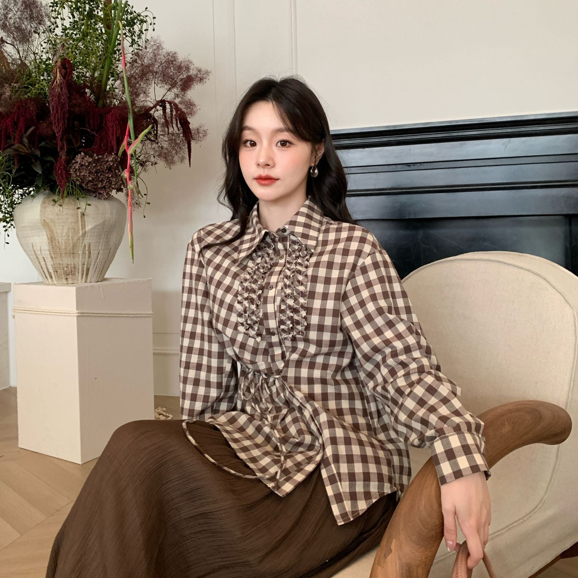 Temperament lace-up slanted placket long-sleeved plaid shirt