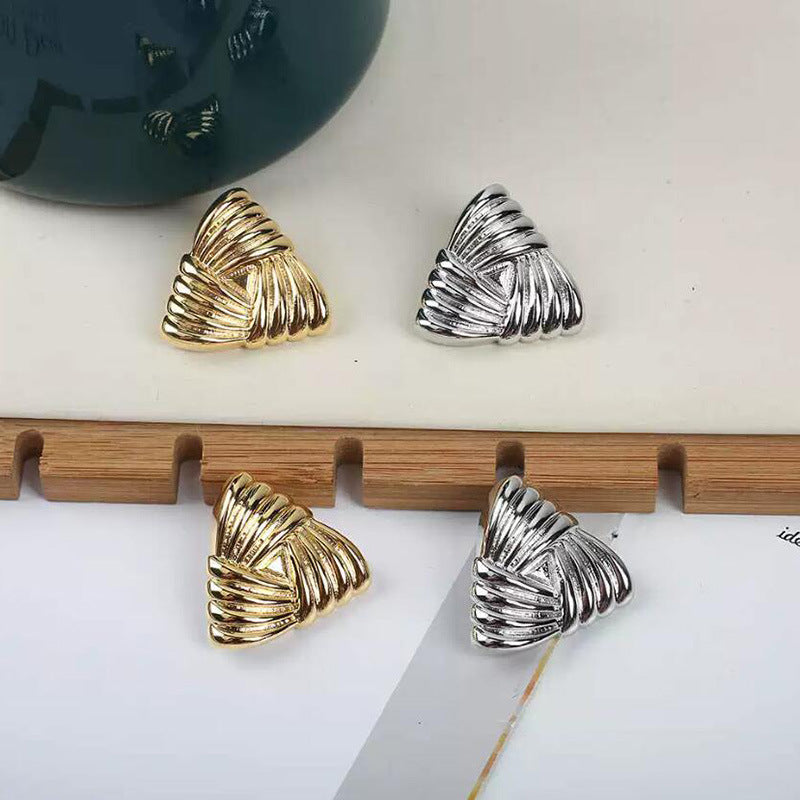 ins niche temperament retro feather pleated earrings women's gold striped wrapped triangular stud earrings