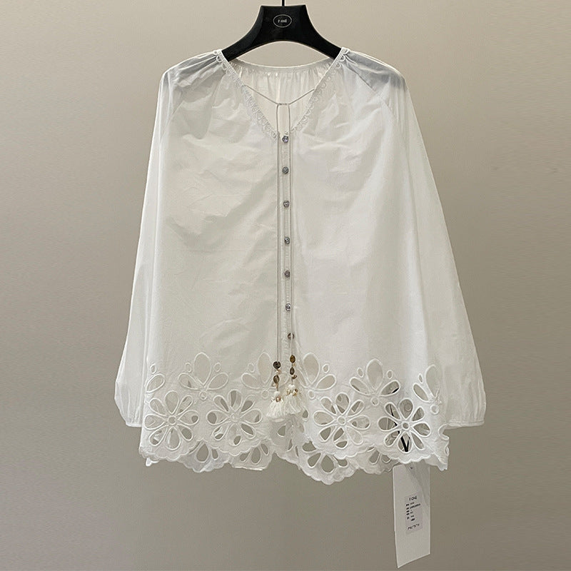 White embroidered shirt women's spring and summer loose and thin lace-up V-neck lantern sleeve top