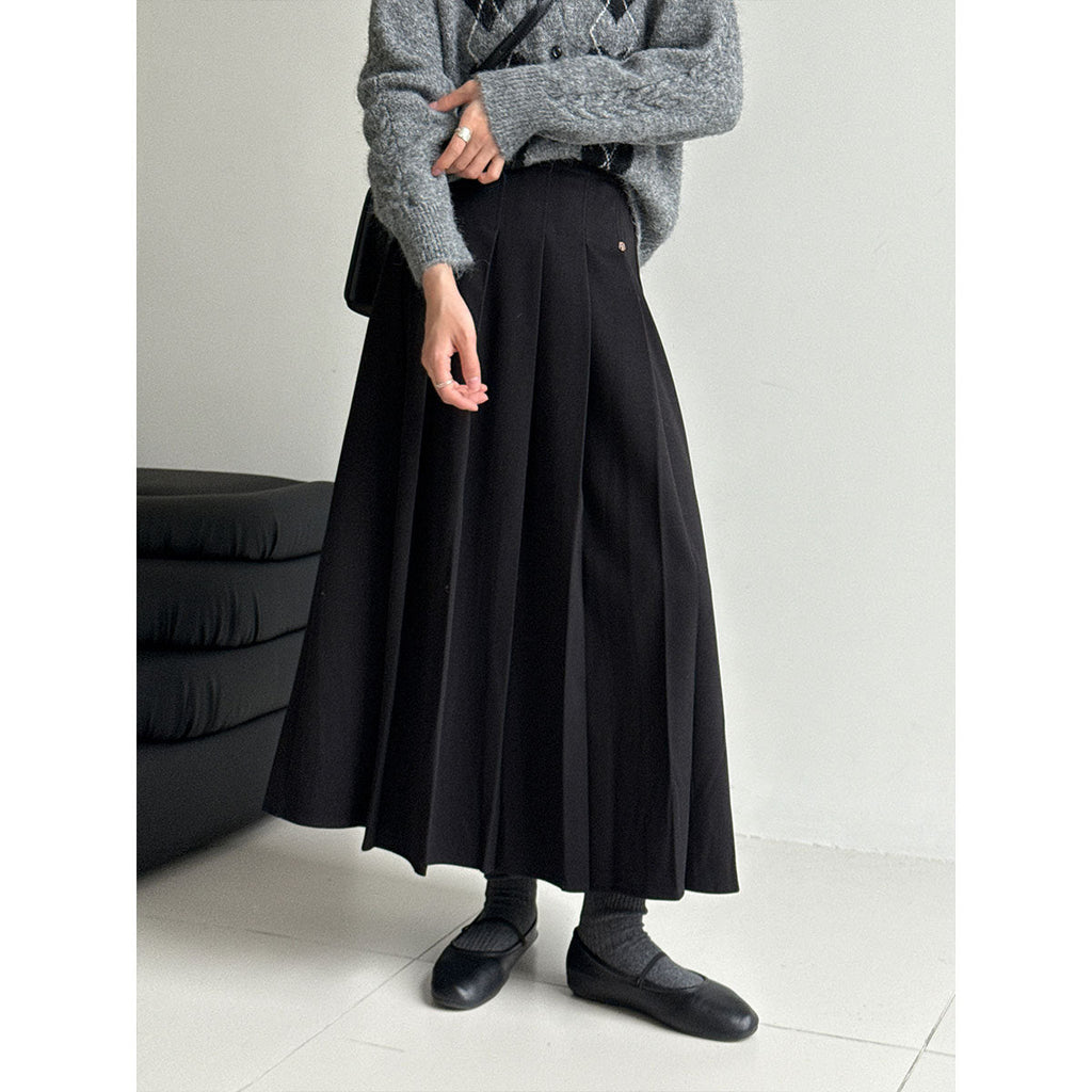 Korean high-waisted woolen pleated skirt women's autumn and winter new semi-elastic versatile casual skirt