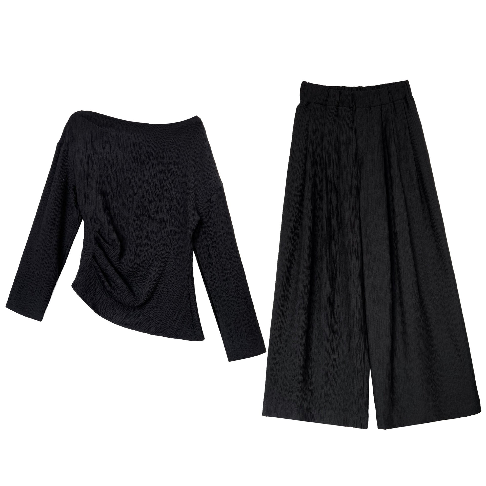 Lazy design asymmetrical one-shoulder waist pleated tops + loose pants women's spring two-piece set