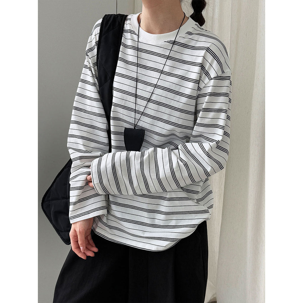 Retro contrasting stripes loose simple long-sleeved T-shirt women's autumn new crew neck bottoming shirt top