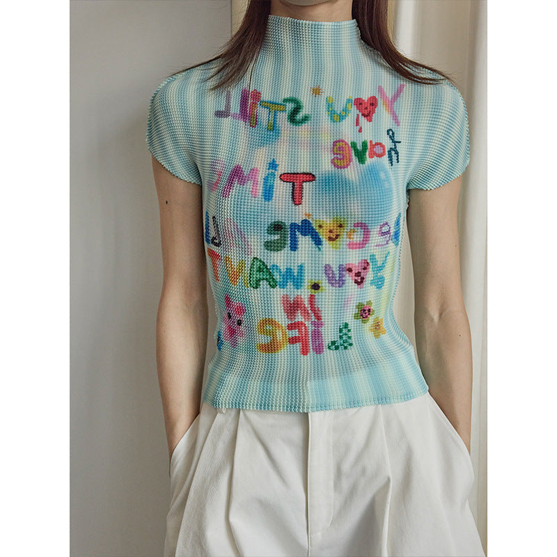 High Elasticity Fun Printing Flesh Cover Skinny Shoulder Short Sleeves