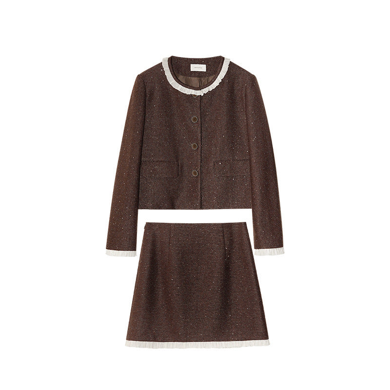 Women's Chanel-Style Lace Spliced Jacket & Mini Skirt Two-Piece Set