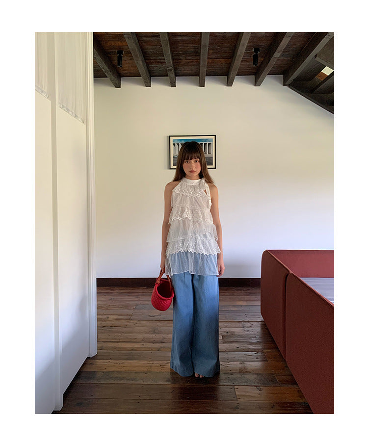 Ribbon bow multi-layer spliced sleeveless lace top