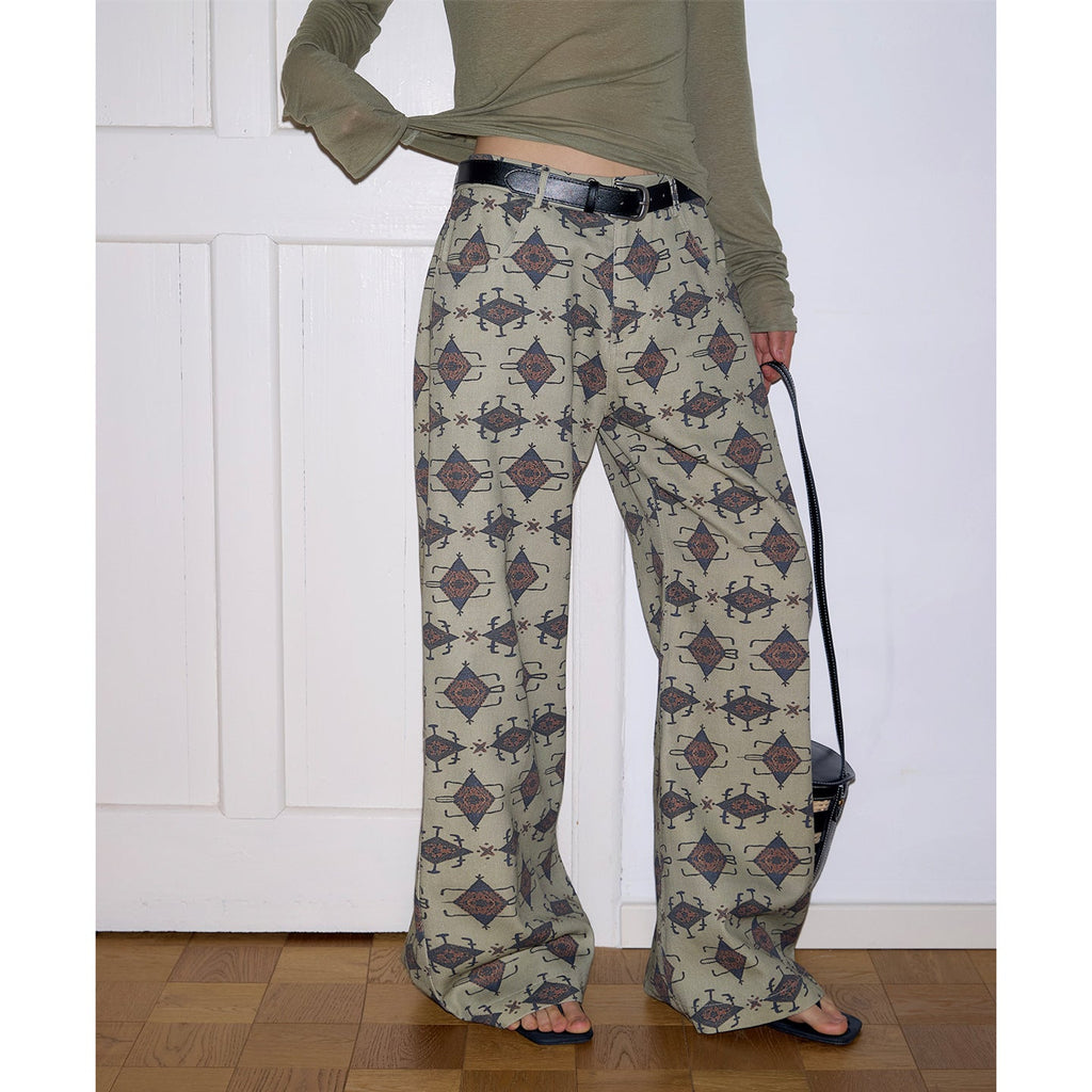 Twill print wide-leg slacks