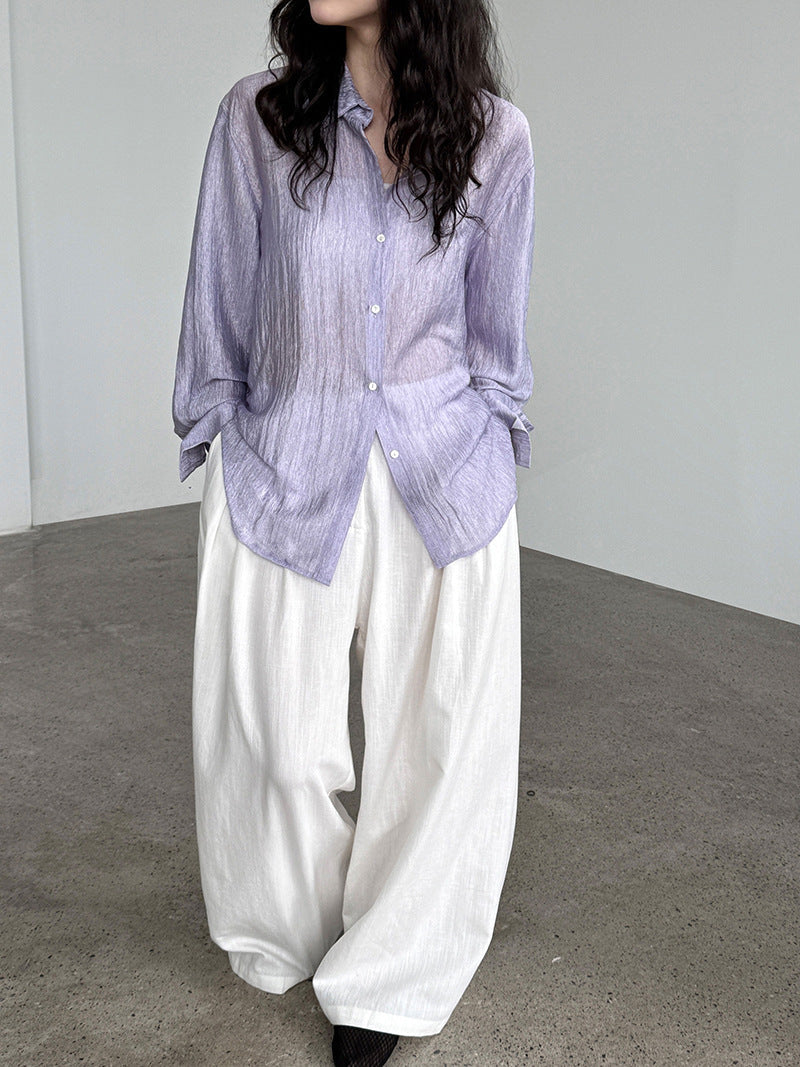 Korean simple texture glossy see-through shirt women's summer new sunscreen pearlescent cardigan jacket