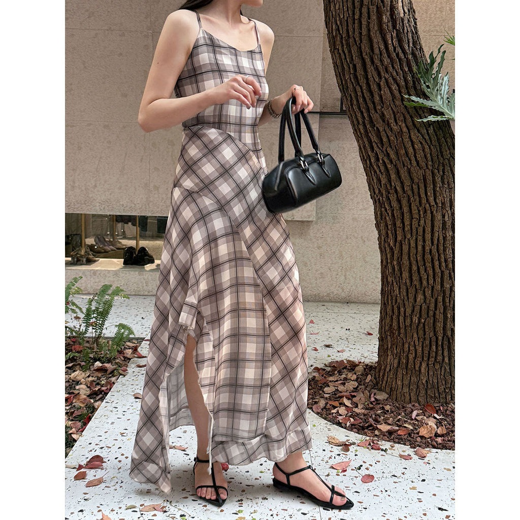 Korean simple temperament plaid dress spring and summer women's new waist irregular hem long dress