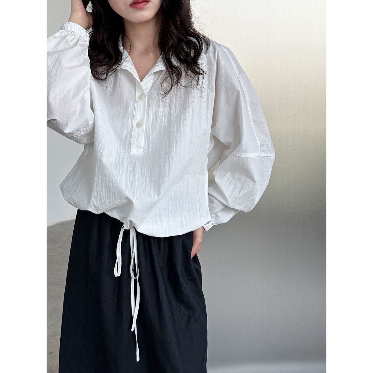 Early autumn new Korean casual pullover lapel shirt women's loose hem drawstring waist top